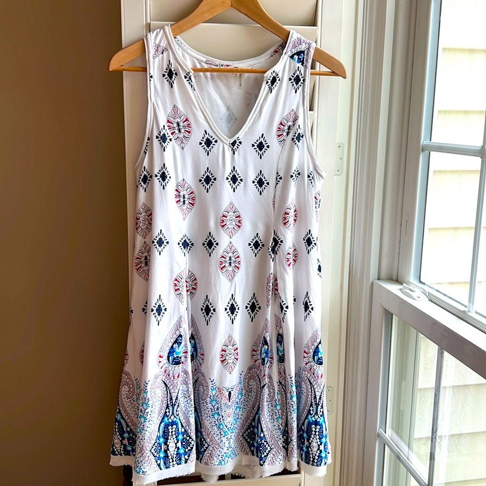 Anthropologie Entro V Neck Flowy Lined Print Raw Hem Dress S
